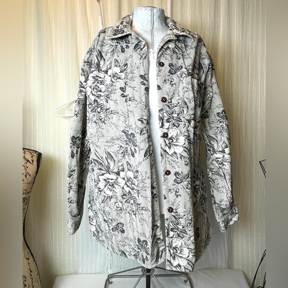 Eddie Bauer Black and White cream Floral Button Down corduroy Shirt jacket - Picture 2 of 9